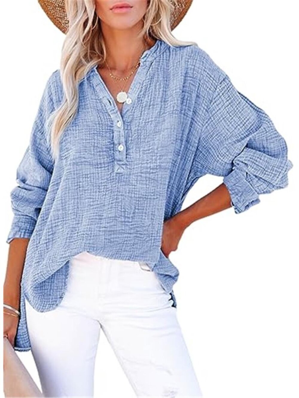 Womens Oversized Cotton Button Down V Neck Long Sleeve Loose Fit Blouse Top